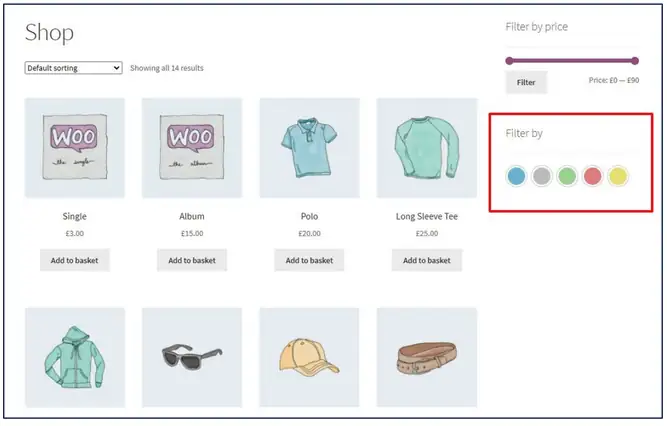 WooCommerce shop page with a Filter by colour swatch filter highlighted