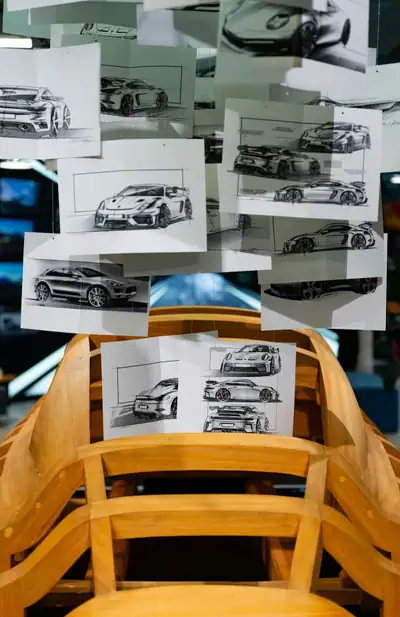 Car design sketches and technical drawings displayed above a wooden prototype, showing the intersection of creative design and engineering