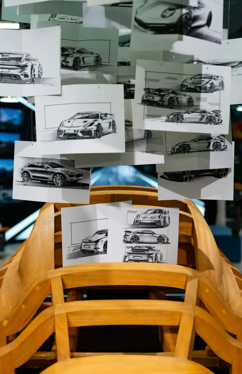 Car design sketches and technical drawings displayed above a wooden prototype, showing the intersection of creative design and engineering